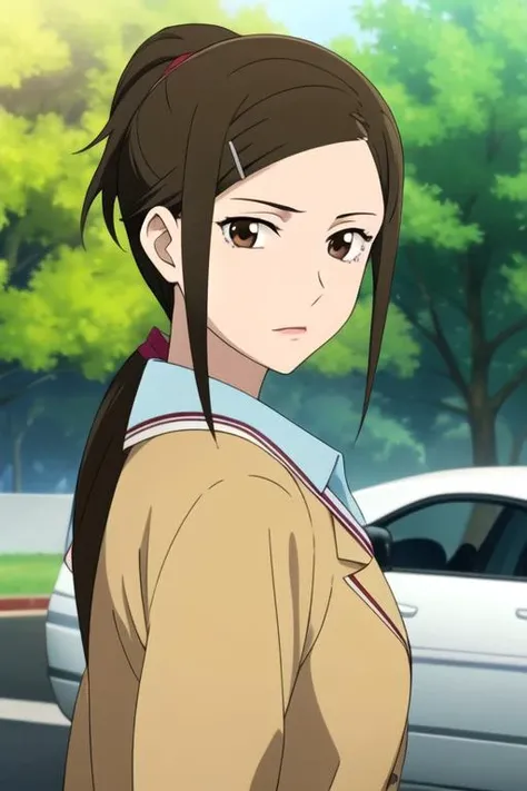 masterpiece, best quality, movie still, 1girl, solo, looking at viewer, upper body, depth of field, , , <lora:misaki_kirihara:0.70>, misaki_kirihara, brown hair, brown eyes, , ponytail