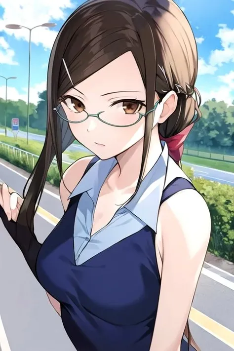 masterpiece, best quality, , 1girl, solo, looking at viewer, upper body, , ligne claire, , <lora:misaki_kirihara:0.76>, misaki_kirihara, brown hair, brown eyes, , , king costume, highway, High resolution