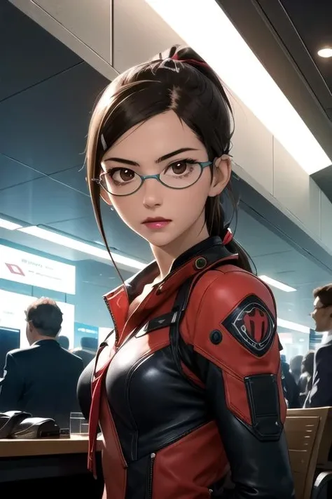masterpiece, best quality, movie still, 1girl, solo, looking at viewer, upper body, depth of field, ligne claire, , <lora:misaki_kirihara:0.74>, misaki_kirihara, brown hair, brown eyes, glasses, ponytail, kitty costume, science fiction cyber-thriller, 16k resolution