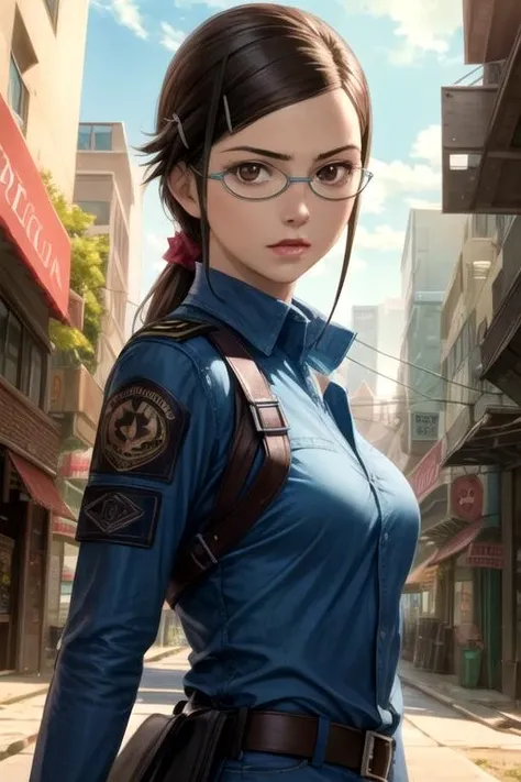 masterpiece, best quality, movie still, 1girl, solo, looking at viewer, , depth of field, , realistic, <lora:misaki_kirihara:0.76>, misaki_kirihara, brown hair, brown eyes, glasses, , paratrooper costume, cyberpunk, HD-DVD