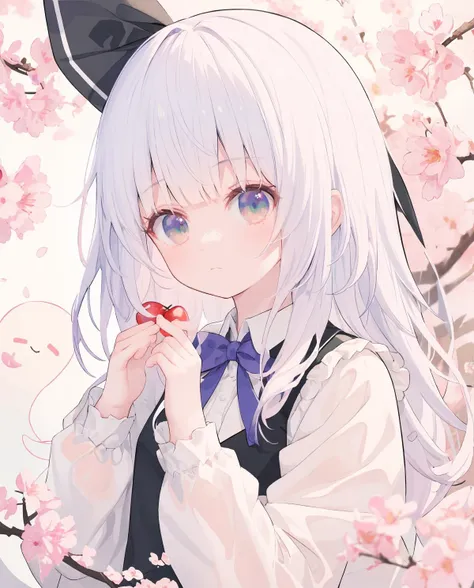masterpiece, best quality, highres,(child),1girl, konpaku youmu, solo, short hair, bow, bowtie, shirt, konpaku youmu \(ghost\), short sleeves, cherry blossoms, vest, upper body, white shirt, hairband, green vest, black bow, black hairband, black bowtie, looking at viewer, green eyes, white hair, bangs, closed mouth, ribbon, branch, flower, hair ribbon, collared shirt, hitodama, black ribbon, hand up, petals, puffy short sleeves, puffy sleeves, breasts, pink flower<lora:äºéart_v1:1>