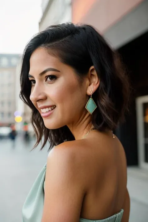 Realistic photo of a beautiful 0l1v14m woman, 1girl, solo, breasts, smile, short hair, black hair, dress, brown eyes, jewelry, medium breasts, upper body, earrings, teeth, blurry, lips, looking to the side, sideboob, blurry background, watermark, web address, realistic, very short hair, photo background, soft lighting, professional Photography, Photorealistic, detailed, RAW, analog, sharp focus, 8k, HD, DSLR, high quality, Fujifilm XT3, film grain, award winning, masterpiece<lora:0l1v14m:1.0>