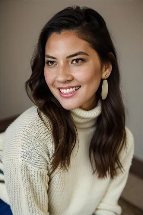 <lora:0l1v14m:1>, Realistic photo of a beautiful 0l1v14m woman, 1girl, solo, long hair, breasts, looking at viewer, smile, skirt, brown hair, black hair, long sleeves, brown eyes, jewelry, earrings, teeth, grin, sweater, lips, turtleneck, ring, freckles, realistic, soft lighting, professional Photography, Photorealistic, detailed, RAW, analog, sharp focus, 8k, HD, DSLR, high quality, Fujifilm XT3, film grain, award winning, masterpiece