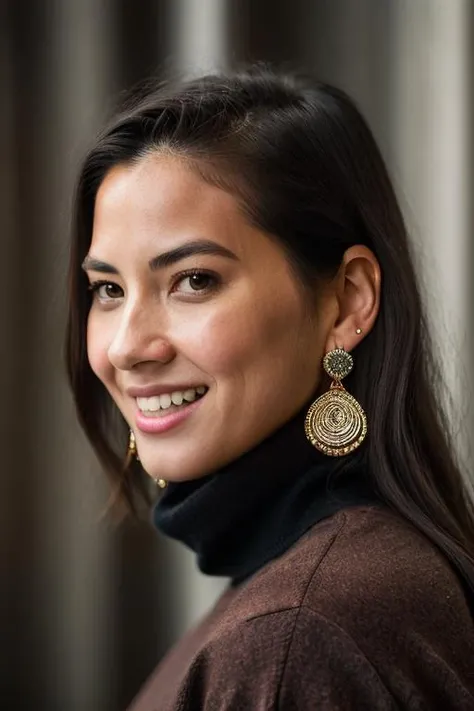 <lora:0l1v14m:1>, Realistic photo of a beautiful 0l1v14m woman, 1girl, solo, long hair, breasts, looking at viewer, smile, skirt, brown hair, black hair, long sleeves, brown eyes, jewelry, earrings, teeth, grin, sweater, lips, turtleneck, ring, freckles, realistic, soft lighting, professional Photography, Photorealistic, detailed, RAW, analog, sharp focus, 8k, HD, DSLR, high quality, Fujifilm XT3, film grain, award winning, masterpiece