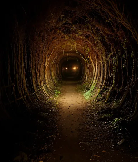 tunnel,gaden,(petrification),(rusky),(crowd),ficus_finis,tree root,vines,entangled,overgrown,luminous plants,night,brown_theme,red theme,close-up,backrooms,<lora:Map_backrooms_v1.0:0.7>,