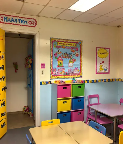 kindergarten,indoors,classroom,cartoon graffiti,stuffed toy,childhood memories,backrooms,<lora:Map_backrooms_v1.0:0.6>,