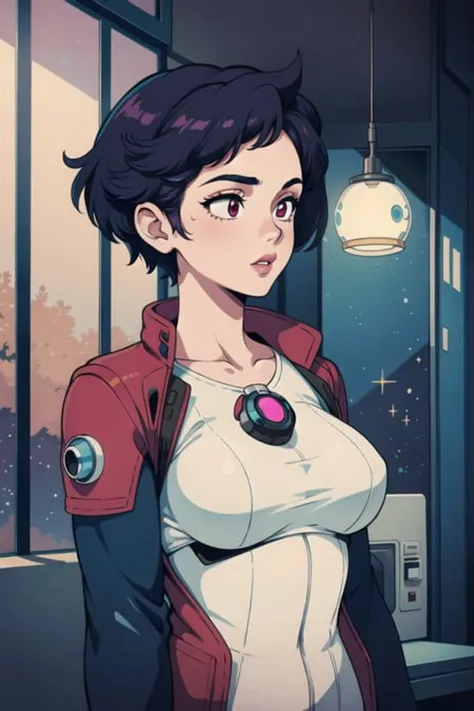 girl,fit,(girlfriend,scifi,indoors,outdoors,hotify),Fantasy Background,Over the shoulder,Pixie cut,magenta Quilted Jacket,Overwatch ,(masterpiece,detailed,highres:1.4) <lora:4shot:0.6>
