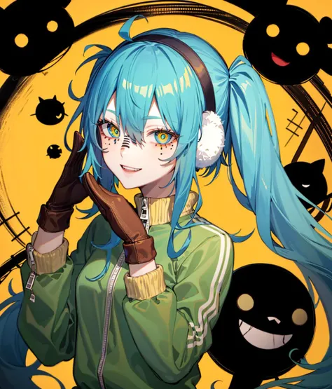 1girl, solo, twintails, very_long hair, teal hair, aqua eyes, matryoshka_(vocaloid), (dark style:1.15), (crazy_eyes:1.2), multicolored_eyes, hatsune miku, facial mark, (light smile:1.1), gloves, brown_gloves, jacket, zettai_ryouiki, <lora:Matryoshka_Miku-10:1>, black hairband, earmuffs, green jacket, yellow background, <lora:epiNoiseoffset_v2:1.2>, upper body only, close-up, crazy,