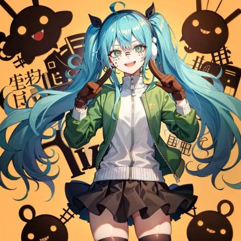 1girl, solo, twintails, very_long hair, teal hair, aqua eyes, matryoshka_(vocaloid), (dark style:1.15), (crazy_eyes:1.25), multicolored_eyes, hatsune miku, facial mark, (light smile:1.1), gloves, brown_gloves, jacket, zettai_ryouiki, <lora:Matryoshka_Miku-10:1>, black hairband, earmuffs, green jacket, yellow background, <lora:epiNoiseoffset_v2:1.2>,