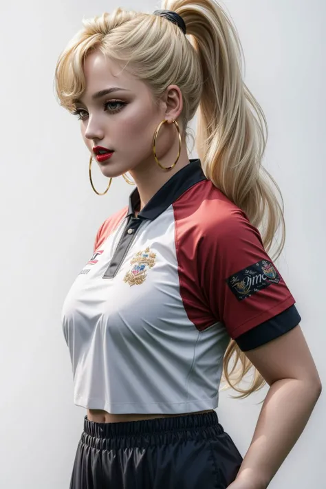 1girl in cheerleader uniform, long sleeve minidress, Adidas, sheer shiny shimmering silky tan pantyhose, L'eggs, 5 inch white high heeled pumps, Jimmy Choo, holding pompoms, studio photo shoot, red lipstick, long dangling earrings, hair in pigtails, glamor photo shoot, full length portrait, 9:16 aspect ratio, wide angle lens, Chloe Moretz, University of Tennessee, (best quality,4k,8k,highres,masterpiece:1.2),ultra-detailed,(realistic,photorealistic,photo-realistic:1.37),HDR,UHD,studio lighting,ultra-fine painting,sharp focus,physically-based rendering,extreme detail description,professional,vivid colors,bokeh