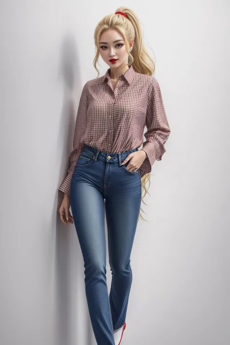 woman, (checkered long sleeve blouse, denim jeans), (long blonde ponytail, red lips), white background, full body shot <lora:add_detail:0.5> <lora:boldline:0.2>
