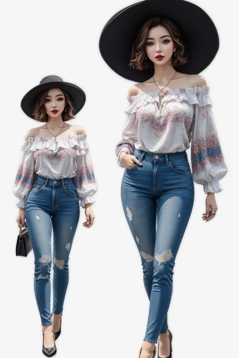 full body shot, 1girl, painted lips, makeup, wearing off-the-shoulder shirt, white background, hyper realistic <lora:add_detail:0.5> <lora:boldline:0.2>