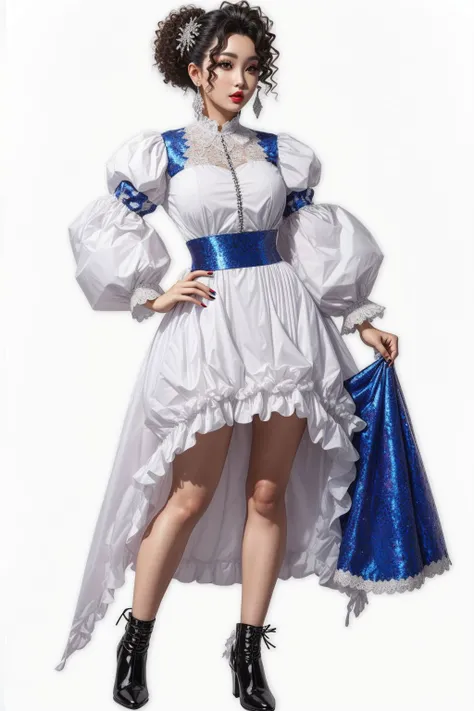 full body shot, 1girl, painted lips, makeup, wearing a shirt with puffy sleeves, white background, hyper realistic <lora:add_detail:0.5> <lora:boldline:0.2>