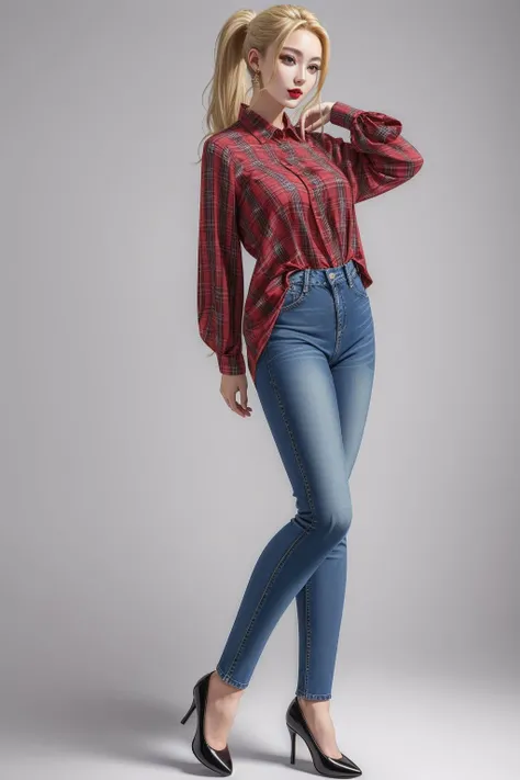 woman, (tartan long sleeve blouse, denim jeans), (long blonde ponytail, red lips), white background, full body shot <lora:add_detail:0.5> <lora:boldline:0.2>