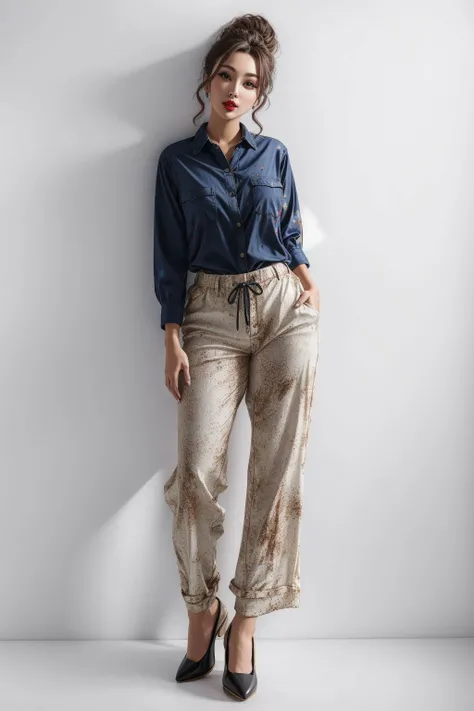 full body shot, 1girl, painted lips, makeup, wearing rustic shirt and pants, white background, hyper realistic <lora:add_detail:0.5> <lora:boldline:0.2>