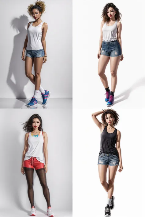 full body shot, 1girl, painted lips, makeup, wearing tank top shorts and __Mine\Clothing\socks__, shoes, white background, hyper realistic <lora:add_detail:0.5> <lora:boldline:0.2>