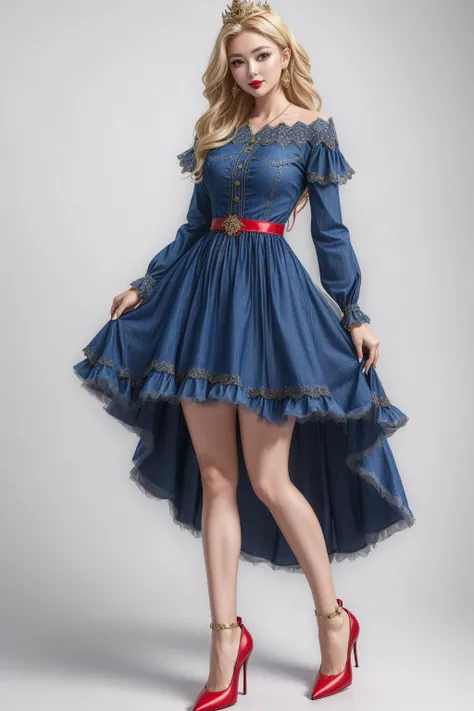 1girl, (wearing denim princess dress, high heels), (long blonde hair, red lips), white background, full body shot <lora:add_detail:0.5> <lora:boldline:0.2>