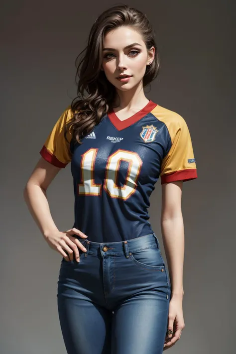 1girl, makeup, beautiful, wearing football jersey and tight jeans, simple background <lora:add_detail:0.5> <lora:boldline:0.2>