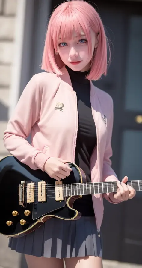 embarrassed,(photorealistic:1.4),best quality, ultra high res, 4k, instagram, higly detailed, black skirt, black socks, blue eyes, (cube hair ornament), (hair ornament), electric guitar, gibson les paul, guitar, holding, holding instrument, instrument, jacket,light particles, music, (light pink hair), (pink jacket), playing instrument, pleated skirt, skirt, track jacket, VirtualGirl-Aim, middle breasts, long hair, crystal pendant, <lora:hitoriGotohBocchiThe_v1:1> ,<lora:erzhuo:0.9>