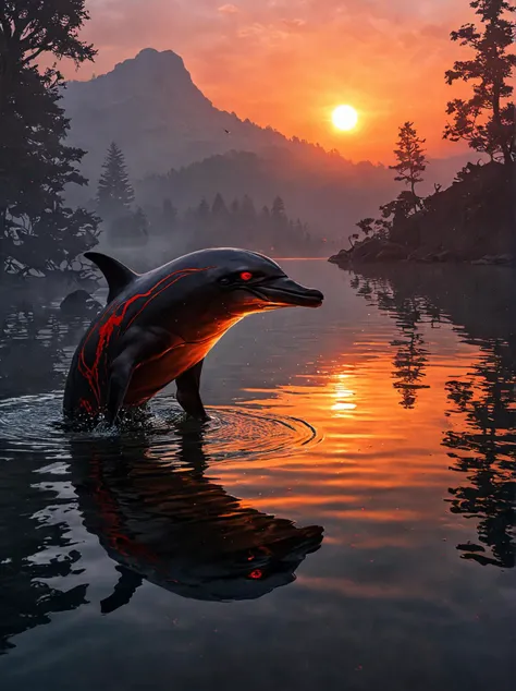 Arcane Dolphin, at Sunrise, moody, <lora:dare_serene_drow:1> gt5 cover, meticulous attention to details, dark elf, drow, burning red eyes, Serene lake reflecting a fiery sunset