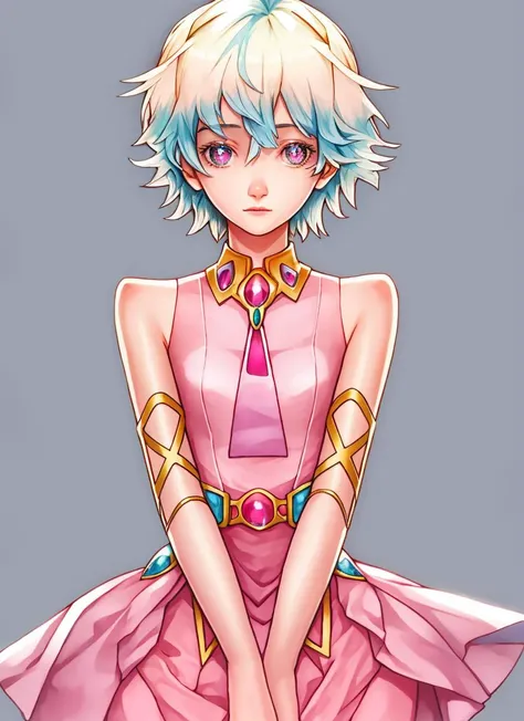 beautiful, short hair, tomboy, multicolored hair, nia teppelin, pink dress, two-tone hair, cross-shaped pupils, symbol-shaped pupils, <lora:my_LoRA_niaTeppelin_v1:0.7>