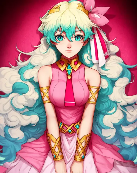beautiful, aqua eyes, blonde hair, long hair, multicolored hair, nia teppelin, pink dress, two-tone hair, cross-shaped pupils, symbol-shaped pupils, <lora:my_LoRA_niaTeppelin_v1:0.7>