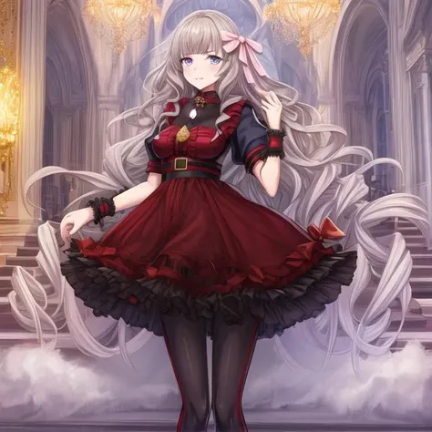 1girl, <lora:Tower_of_London_v1:0.8>ower_of_London,wavy hair, long hair, flaxen hair,hair ribbon, red and black dress,black pantyhose,, <lora:flatBG:-0.5> ,<lora:flat2:-0.5>,(dark light:1.2),(hyper extreme detailed),(masterpeace:0.5),(hyper extreme),(photorealistic),game cg,llustration,novel illustration,beautiful lighting,light from the front,good_hands,beautiful art ,BREAK, <lyco:GoodHands-beta2:1.2>,(good hand,nice hands, perfect hands:1.3),(five finger:1.4),straight fingers,perfect fingers,beauty fingers,beauty hand,