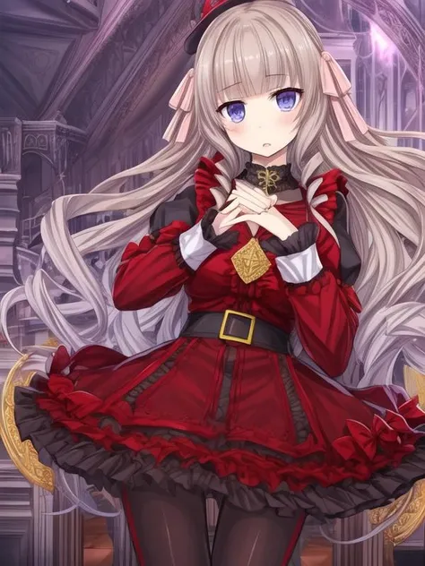 1girl, <lora:Tower_of_London_v1:0.8>ower_of_London,wavy hair, long hair, flaxen hair,red and black dress,black pantyhose,, <lora:flatBG:-0.5> ,<lora:flat2:-0.5>,(dark light:1.2),(hyper extreme detailed),(masterpeace:0.5),(hyper extreme),(photorealistic),game cg,llustration,novel illustration,beautiful lighting,light from the front,good_hands,beautiful art ,BREAK, <lyco:GoodHands-beta2:1.2>,(good hand,nice hands, perfect hands:1.3),(five finger:1.4),straight fingers,perfect fingers,beauty fingers,beauty hand,