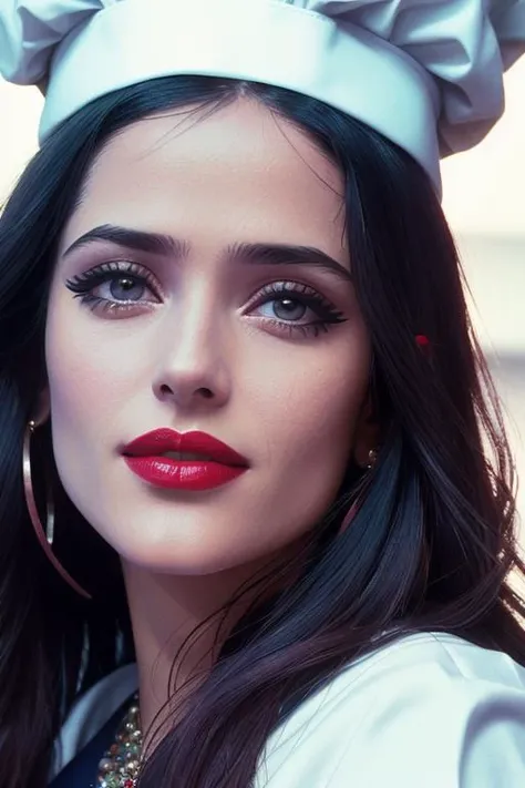 photo of salma:0.99, a woman, (professional kitchen, commercial kitchen), ((chef hat, chef uniform):1.2), ((closeup, portrait):1.1) ((best quality, masterpiece):1.2), ((red lips, eye shadow, eyeliner):1.1), (photorealistic:1.2) (best quality) ((detailed eyes, detailed face):1.2)(intricate details) (8k) (HDR) (cinematic lighting) (sharp focus), closeup