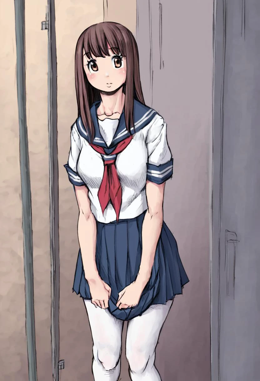 1girl, solo focus, female focus, double deck, <lora:doubledeck style ponyXL v2.1:1>, standing, cute girl, innocent, thick, school uniform, serafuku, skirt, white pantyhose, brown eyes