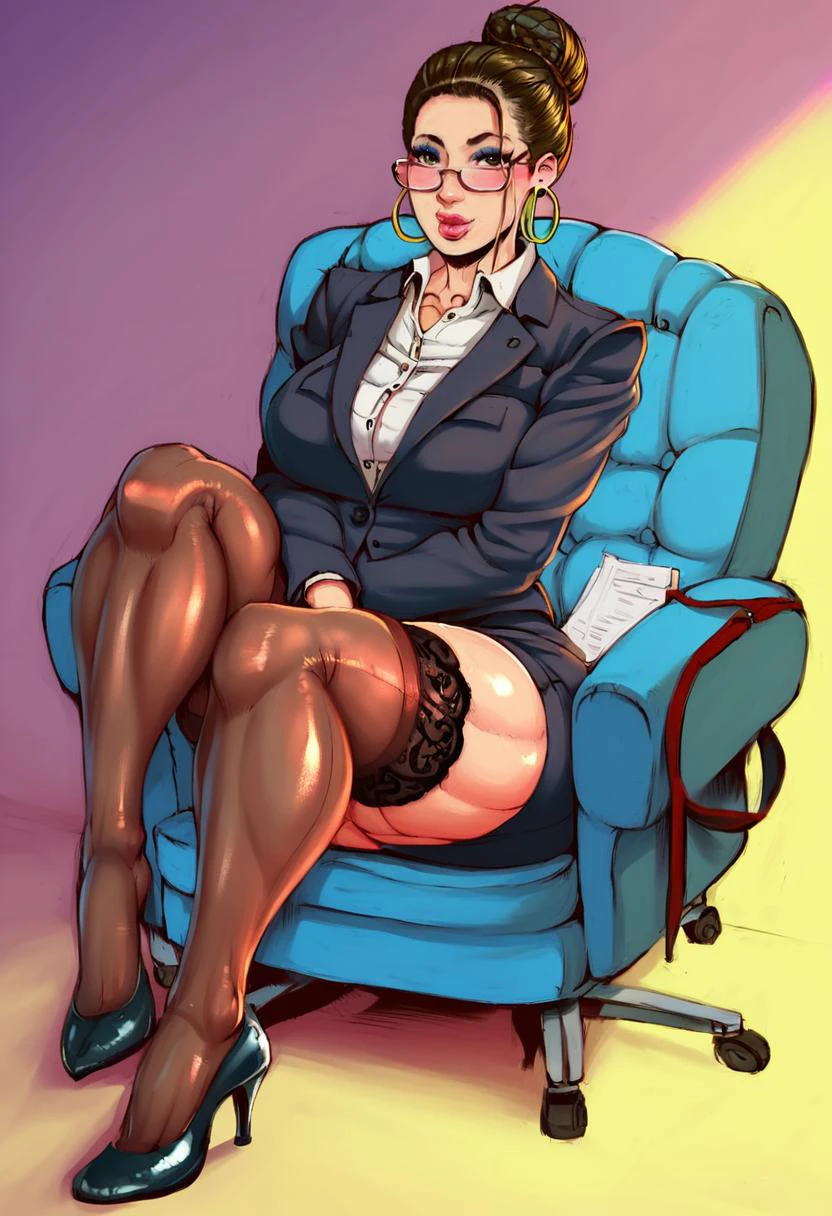 1girl, solo focus, female focus, double deck, <lora:doubledeck style ponyXL v3.0:1.1>, zPDXL, score_9, score_8_up, score_7_up, hair bun, makeup, perfect eyes, perfect face, detailed face, hoop earrings, glasses, formal, office lady, suit, pencil skirt, thighhighs, high heels,, ((masterpiece, a lot of details)), HDR, (intricate details), (intricate details, hyperdetailed), ultra detailed ,epic realistic, art, (hdr:1.05), hyperdetailed, (artstation:1.1), cinematic, warm lights, ambient light, (intricate details:1.1), complex background, ultra detailed background, multiples details in backgrounds, complex background