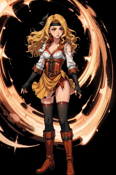 masterpiece, best quality, brigid, black headband, fingerless gloves, orange dress, cleavage, corset, thighhighs, brown boots, standing, FEH, simple background, black background, wind, torn clothes <lora:brigid-nvwls-v1-final:0.9> <lora:FEH_Concept_v2:1>