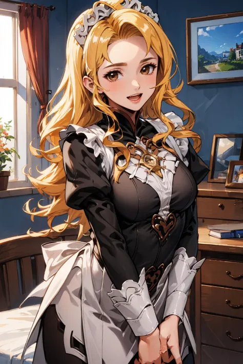 masterpiece, best quality, brigid, brown eyes, fates maid, looking at viewer, smile, bedroom, open mouth <lora:brigid-nvwls-v1-final:0.8> <lora:FEFatesMaid_v1:1>