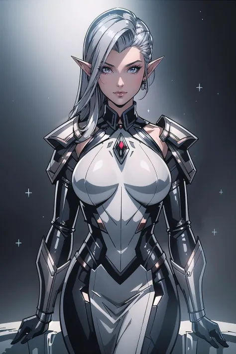 (masterpiece, best_quality, ultra-detailed, immaculate:1.3), epic, illustration, elf sci-fi warpriest villainess, pauldrons, shiny silver hair, Slicked Back Hair,hime cut, top-down bottom-up, in a winter submarine, on an icy mountain top, bombshell hair, deep multicolor hair, parted bangs, arm support<lora:EnvyBeautyMix26:1>