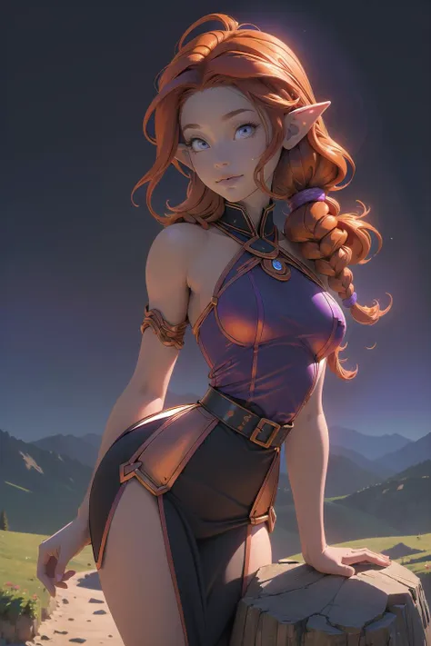 (masterpiece, best_quality, ultra-detailed, immaculate:1.3), epic, illustration, welcoming, 1girl, summoner, elf, orange hair with purple highlights, Senegalese Twists,twintails, gradient background, on top of a  hill, bombshell hair, copper hair, Boxer Braids, arm up<lora:EnvyBeautyMix26:1>