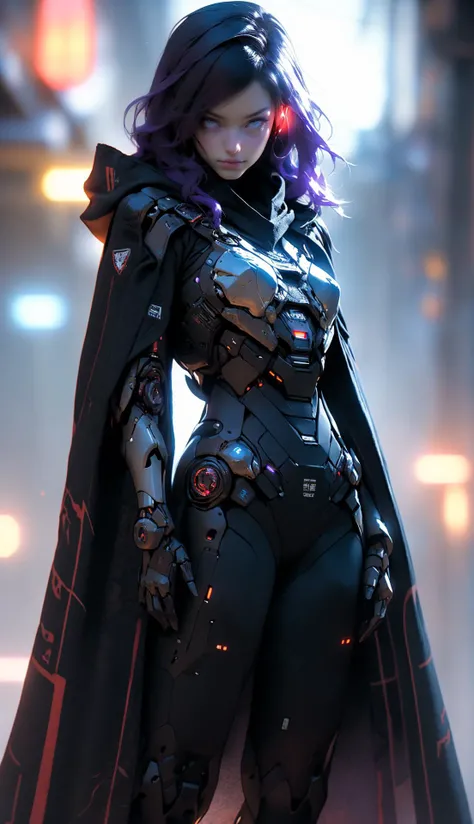 female robot wearing  armor bodysuit,cyberpunk scene, neon lights, (multi color robes:1.2) (cloak:1.2),sinister purple mist,  <lora:EnvyBeautyMix26:0.8> <lyco:Robotaction:0.6> <lora:NijiExpressV2:1>