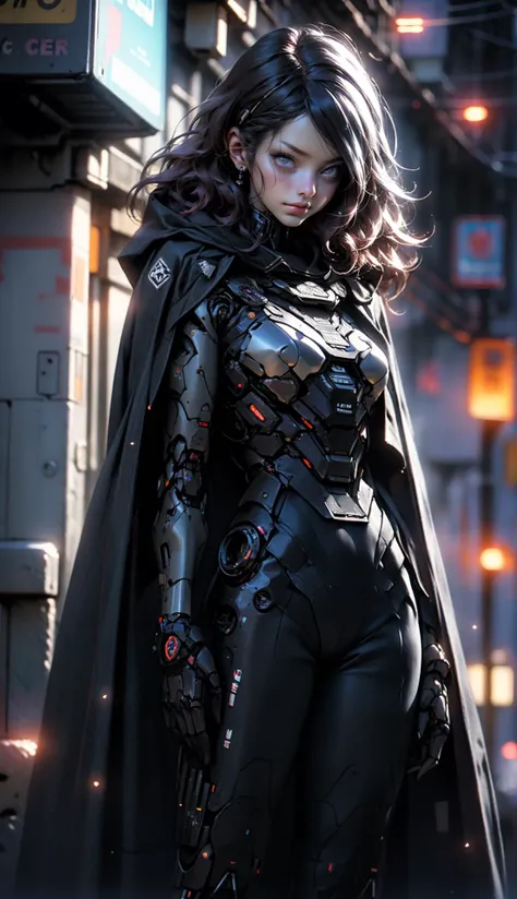female robot wearing  armor bodysuit,cyberpunk scene, neon lights, (multi color robes:1.2) (cloak:1.2),sinister purple mist,  <lora:EnvyBeautyMix26:0.8> <lyco:Robotaction:0.6> <lora:NijiExpressV2:1>