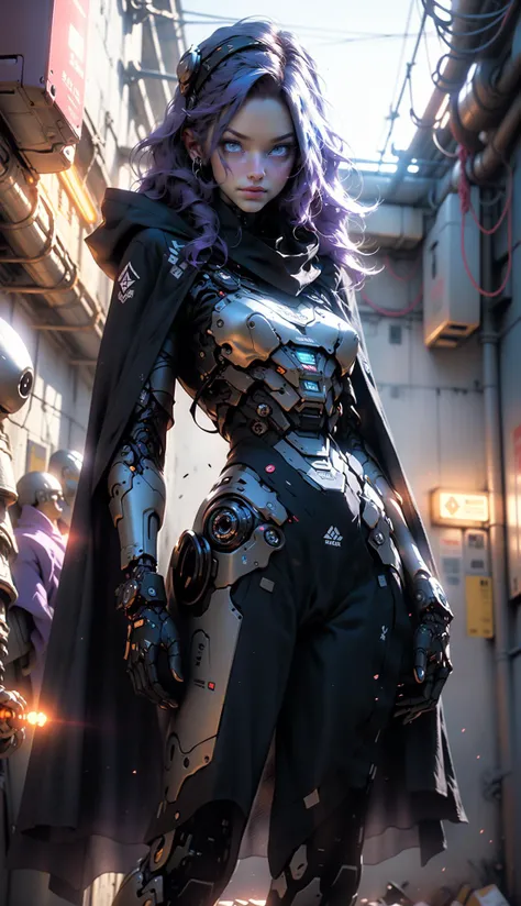 female robot wearing armor bodysuit,cyberpunk scene, neon lights, (multi color robes:1.2) (cloak:1.2),sinister purple mist, <lora:EnvyBeautyMix26:0.8> <lyco:Robotaction:0.6> <lora:NijiExpressV2:1>