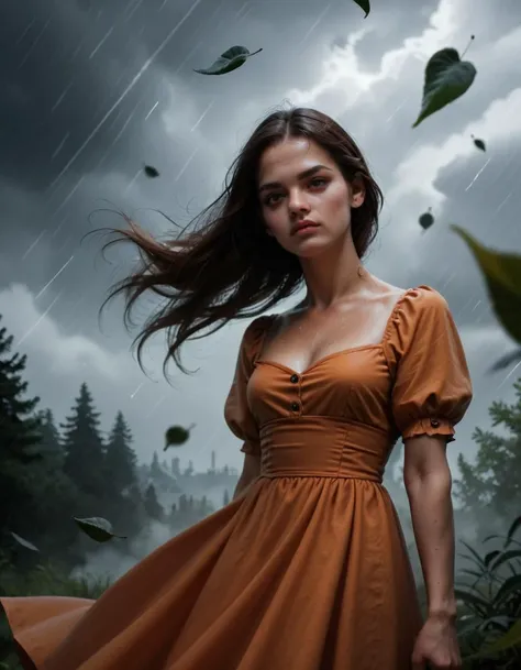score_9, score_8_up, realistic, stormy, wind, beautiful girl wearing a dress, standing otuside, windy, cinematic, dramatic, fog, dark, leaves, storm, rain, high quality, best quality, beautiful face, portrait photography, from front, fantasy, transparent orange dress, centered, dynamic pose