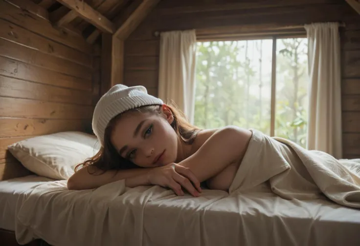 score_9_up,score_8_up,score_7_up, photorealistic,
cinematic photo of a beautiful 20 year old girl lying in bed,wearing a white beanie,partially covered with blanket,
blond long curly hair,seductive look,medium breasts,
inside a wooden cabin,cosy atmosphere,night,low light,
