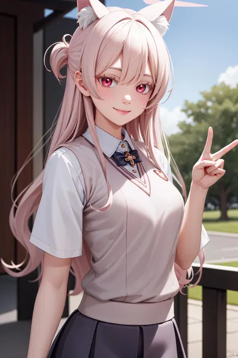 (masterpiece:1.3), (absurdres:1.3), (best quality:1.3), (ultra-detailed:1.3), 1girl, upper body, looking at viewer, smile, standing, outdoors, peace sign, akirafi, halo, long hair, tokiwadai school uniform, <lora:akirafi-13:1>,  <lora:tokiwadai_school_uniform:1>