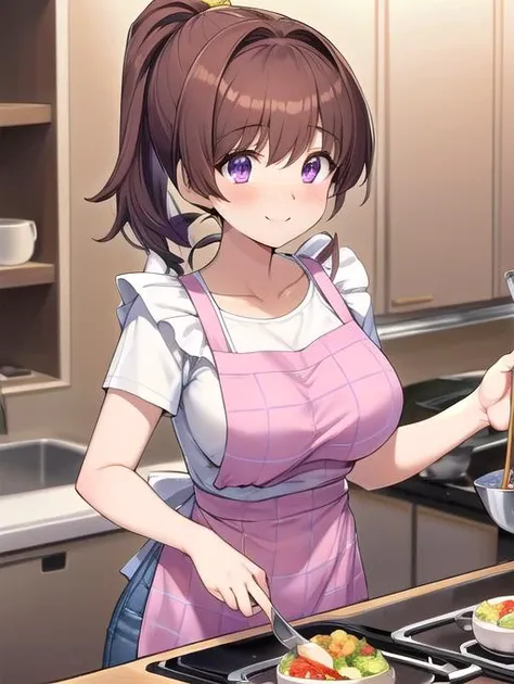 best quality, masterpiece, highres, detailed, perfect anatomy, <lora:Detail - add_detail:0.2>, hitozumaCh, <lyco:Change - HitozumaCh:0.8>, jeans, shirt, <lora:Character - Nene:0.8>, brown hair, high ponytail, split ponytail, yellow hairband, pink clothes, medium breasts, purple eyes, kitchen, apron, cooking, smile