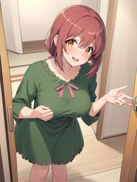best quality, masterpiece, highres, detailed, perfect anatomy, <lora:Detail - add_detail:0.2>, hitozumaCh, <lyco:Change - HitozumaCh:0.8>, dress, shirt, Mite, brown hair, green clothing, orange eyes, pink hair ribbon, happy, doorway, greeting, contemporary apartment,<lora:Character - Mite:0.4>