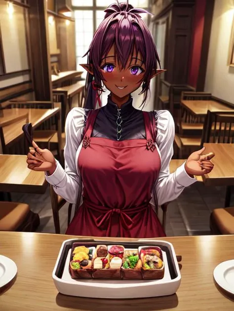 best quality, masterpiece, highres, detailed, perfect anatomy, <lora:Detail - add_detail:0.2>, hitozumaCh, <lyco:Change - HitozumaCh:0.8>, dress, jewelry, smile, pov, cafe, AishaU, ribbon, red clothing, dark skin, dark elf, pointy ears, purple eyes, ponytail, long hair, <lora:Character - AishaU:0.5>