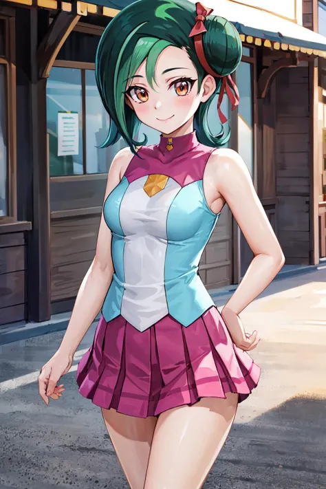 masterpiece, best quality, highres, hmkotori, short hair, multicolored hair, single hair bun, hair ribbon, sleeveless shirt, pink skirt, pleated skirt, small breasts, <lora:mizuki_kotori_v1:0.8>, standing, cowboy shot, outdoors, smile, arms at sides, straight-on,