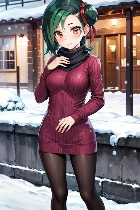 masterpiece, best quality, highres, hmkotori, short hair, multicolored hair, single hair bun, hair ribbon, small breasts, ribbed sweater, long sleeves, scarf, sweater dress, black pantyhose, <lora:mizuki_kotori_v1:0.7>, snow, outdoors, standing,