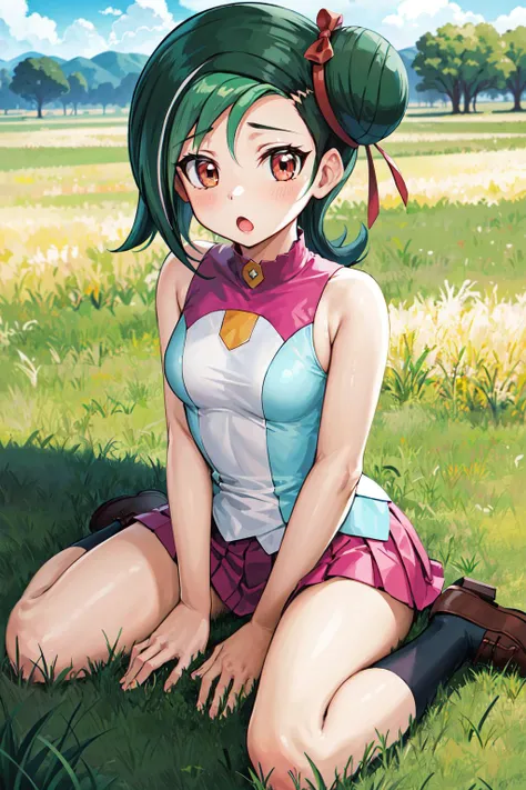 masterpiece, best quality, highres, hmkotori, short hair, multicolored hair, single hair bun, hair ribbon, sleeveless shirt, pink skirt, pleated skirt, small breasts, <lora:mizuki_kotori_v1:0.8>, field, wariza, grass. :o,