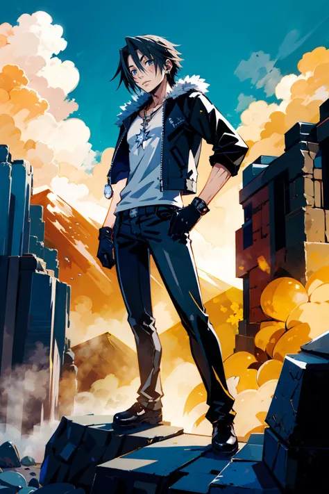 1boy, solo,, volumetric lighting, muscular:1.5, athletic body, long limbs, squall
masterpiece, best quality, highly detailed, quality, face focus, cinematic composition, dynamic pose, foreshortening, beautiful face,
beautiful lighting, scar, necklace, black jacket, fur trim, white t-shirt, black pants, black gloves, mountains, (insanely detailed, beautiful detailed face)
