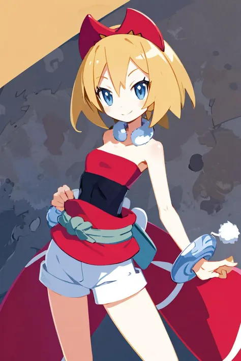 <lora:Harada_Takehito_v2_Repeats5:0.8>, , ((masterpiece,best quality)), absurdres, <lora:irida_(pokemon)_v1:0.7>, aairida, short hair, red hairband, neck ring, collar, strapless shirt, red shirt, bracelet, sash, waist cape, white shorts, bare legs, solo, smiling, looking at viewer, cowboy shot, ,