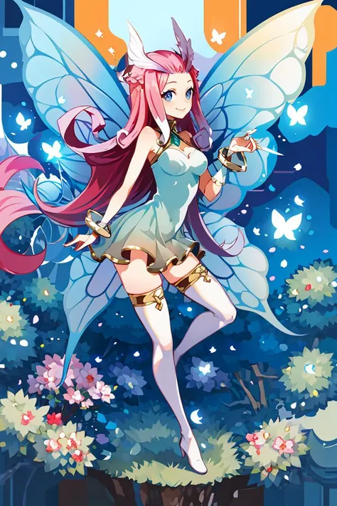 <lora:Harada_Takehito_Background_Dim32:0.8>, ((masterpiece,best quality)), absurdres, <lora:Tasi_AFK_Anime:0.8>, Tasi_AFK, long pink hair, fairy, fairy wings, dress, thighhighs,   side view,  solo, smiling, looking at viewer, cowboy shot,  cinematic composition, , contrapposto,